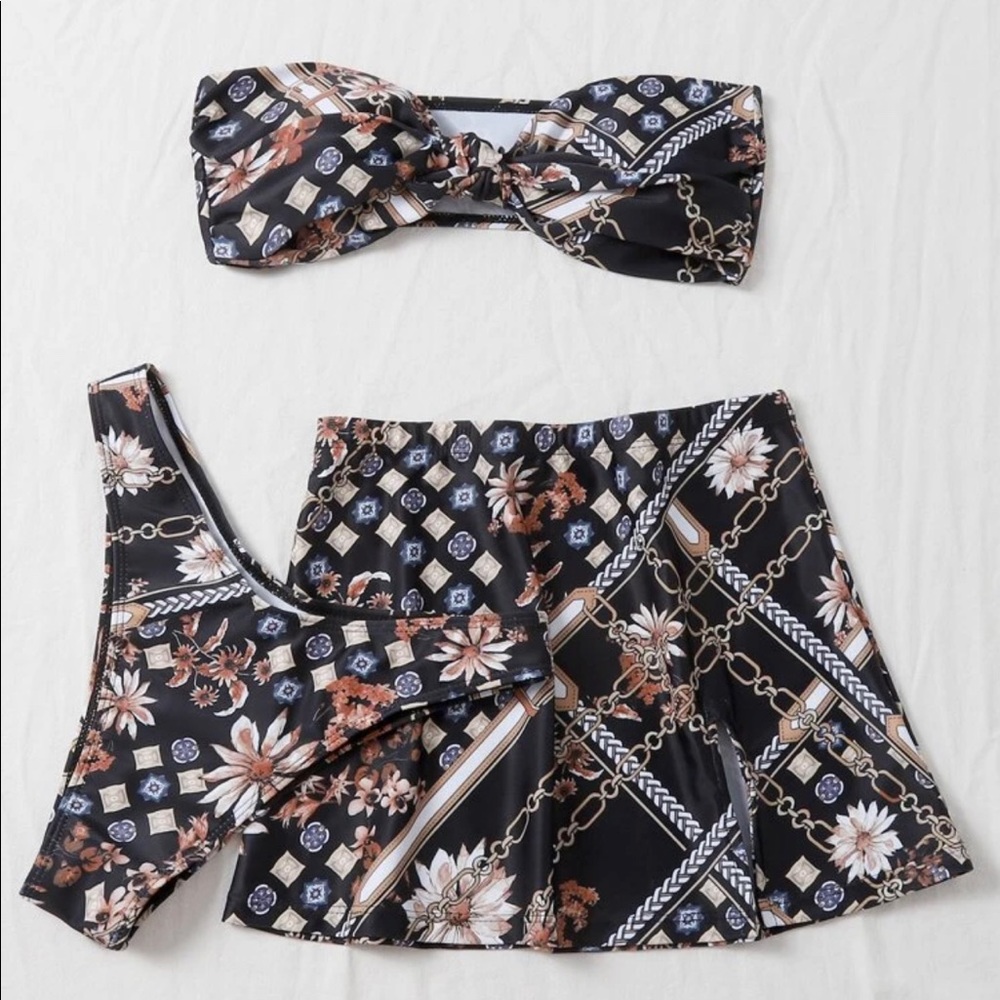 Shein 3 Piece Print Bandeau Bikini Set Size 6 (M)